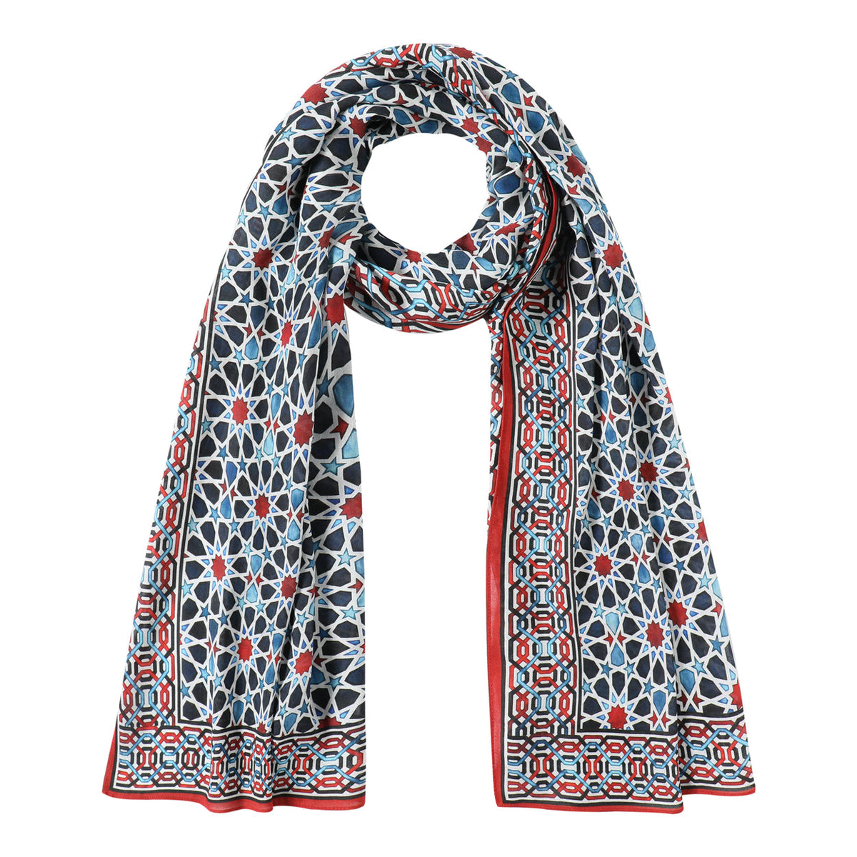 Pañuelo de modal inspirado en el arte islámico – Azul, rojo y negro