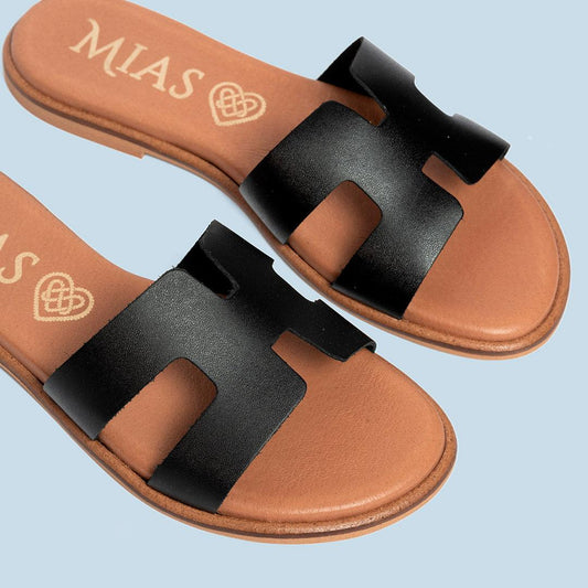 Sandalia plana mujer piel negro -Hansa - MIAS
