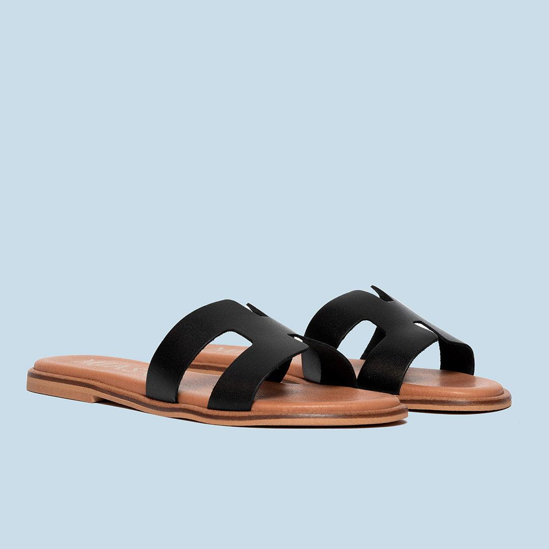 Sandalia plana mujer piel negro -Hansa - MIAS